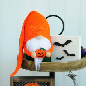 Short Orange Jack o Lantern Gnome, Spooky Gnome, Fall Gnome, Halloween Tiered Tray, Jack O Lantern Decor, Creepy Gnome