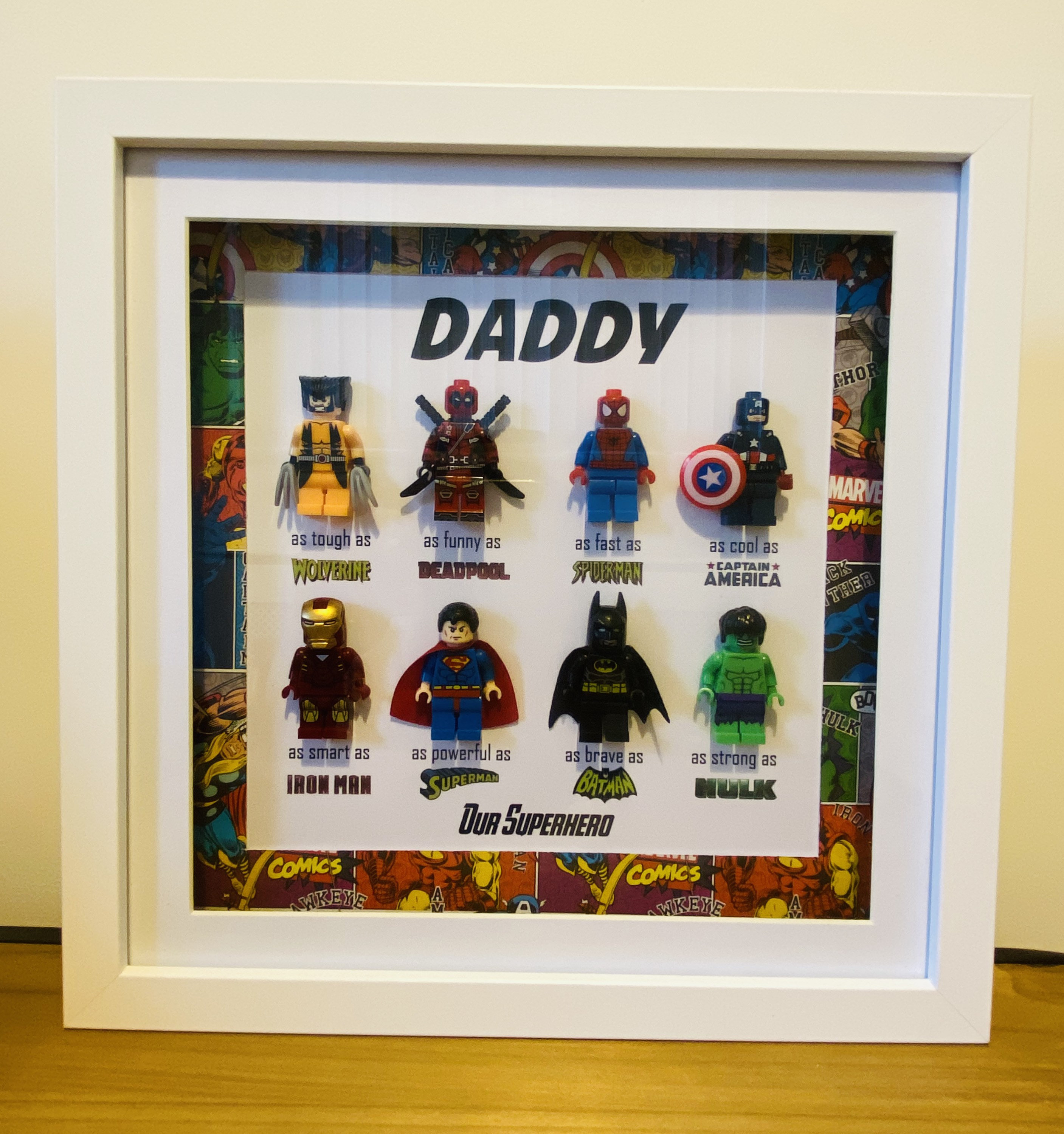 Superhero Lego Box Frame Personalised New Baby Birthday Fathers Day