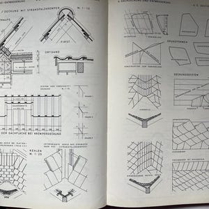 May include: A double-page spread from a technical manual, showcasing architectural diagrams and illustrations. The black and white drawings detail roof construction, including rafter systems, drainage, and roofing tile arrangements. German text accompanies the diagrams.
