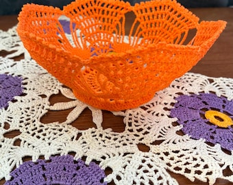 2 Vintage Crocheted Cotton Textile Decors Doily and Bowl Easter