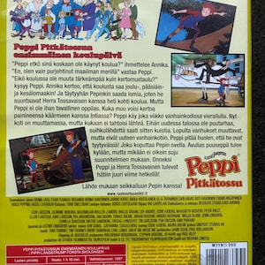 May include: DVD of the animated film "Pippi Longstocking's First Day of School." The cover features a colorful illustration of Pippi and other characters from the story, with text in Finnish. The DVD case is marked with a "3" and a PAL video format.
