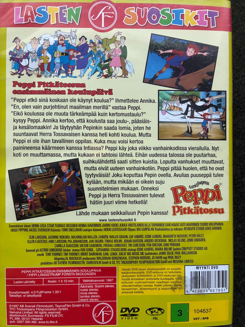May include: DVD of the animated film "Pippi Longstocking's First Day of School." The cover features a colorful illustration of Pippi and other characters from the story, with text in Finnish. The DVD case is marked with a "3" and a PAL video format.
