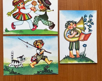 1980s set 3 of Latvian Postcards Greeting Cards M.Brence drawings Retro Matching Postcard Vintage Riga Latvia