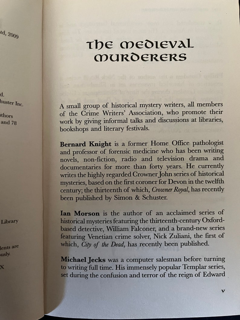 May include: An open book page displaying the title "The Medieval Murderers" in black, decorative font. The text describes historical mystery writers and their works, including Bernard Knight, Ian Morson, and Michael Jecks.