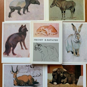 Dessins d'animaux de 1978 par l'artiste russe Vatagin, lot de 36 cartes postales vintage de l'ère soviétique rétro historique URSS Moscou