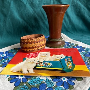 Conjunto de presente lembrança vintage sueca Ullas estampa madeira torneada artesanal recipiente de casca de bétula cartão postal estilo folk artesanato fazenda casa de campo 手作り
