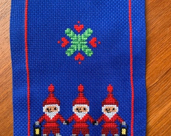 Swedish Vintage Christmas Table Runner Gnome Blue Handmade Embroidery Crafts Farmhouse Cottage