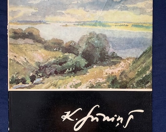 May include: A landscape painting with a river and trees under a cloudy sky. The painting is on a book cover with a black bottom section. The artist's signature is in white script.