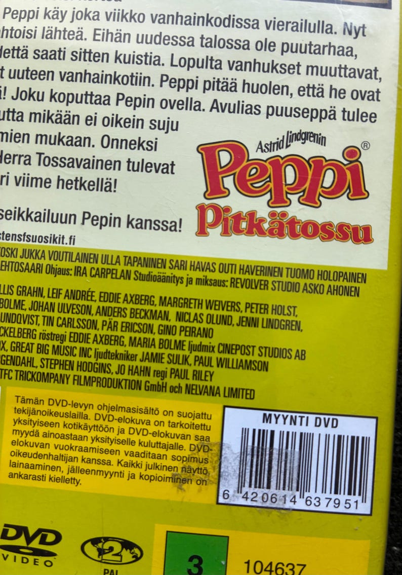 May include: DVD case for "Peppi Pitk&auml;tossu" (Pippi Longstocking) featuring the title in red and yellow. The case has Finnish text and a barcode. The DVD is rated 3.
