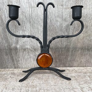 Gunnar Anders Ystad Metal Vintage Swedish Wrought Iron Black and Orange Blue Glass Candle Holder for 2 Candles Retro Scandinavian アートガラス