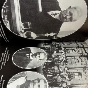 May include: A black and white photograph from a book featuring portraits of historical figures. The image includes a portrait of a man in a suit, and two oval portraits of men, along with a group of soldiers. Text in Russian is visible.