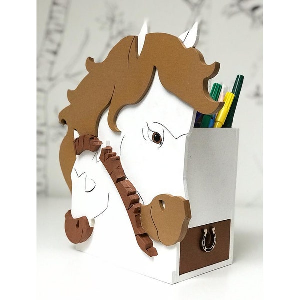 Handmade Wooden Desk Organizer with Horse Pencil Holders