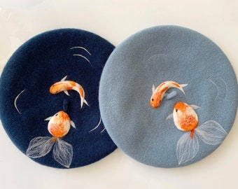 Gold Fish Beret Handmade Felted 100 