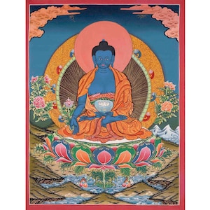 Original Handgemaltes Thanka Von Medizin Buddha Und Grüner Tara |  Bhaisajyaguru Tibetanischer Heilender Buddha und weiblicher Bodhisattva | Wandbehang
