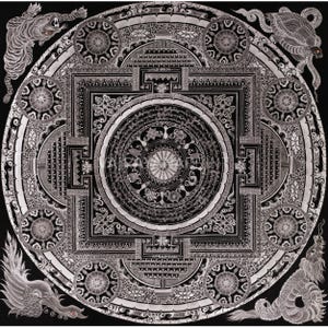 Ashtamangala Mantra Mandala Giclée Print | Eight Auspicious Symbols on Cotton Canvas | Tibetan Sacred Geometry Art with Mythical Creatures