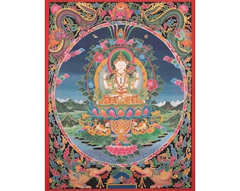 Bodhisattva Avalokiteshvara Chengrezig Thangka Painting | Buddhist Newari Art Style from Kathmandu Nepal | Bodhisattva Thangka |Buddhist Art