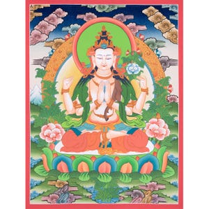 Traditional Chenresig Thangka | Bodhisattva of Compassion | Avalokiteshvara, Wisdom Buddha | Buddhist Wall Decor Art | Peace and Meditation