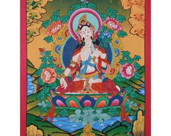 May include: A colorful painting depicting a deity in a seated position, surrounded by flowers and a lotus blossom. The deity is adorned with jewelry and a crown, and holds a flower in one hand. The background features a landscape with mountains and clouds.