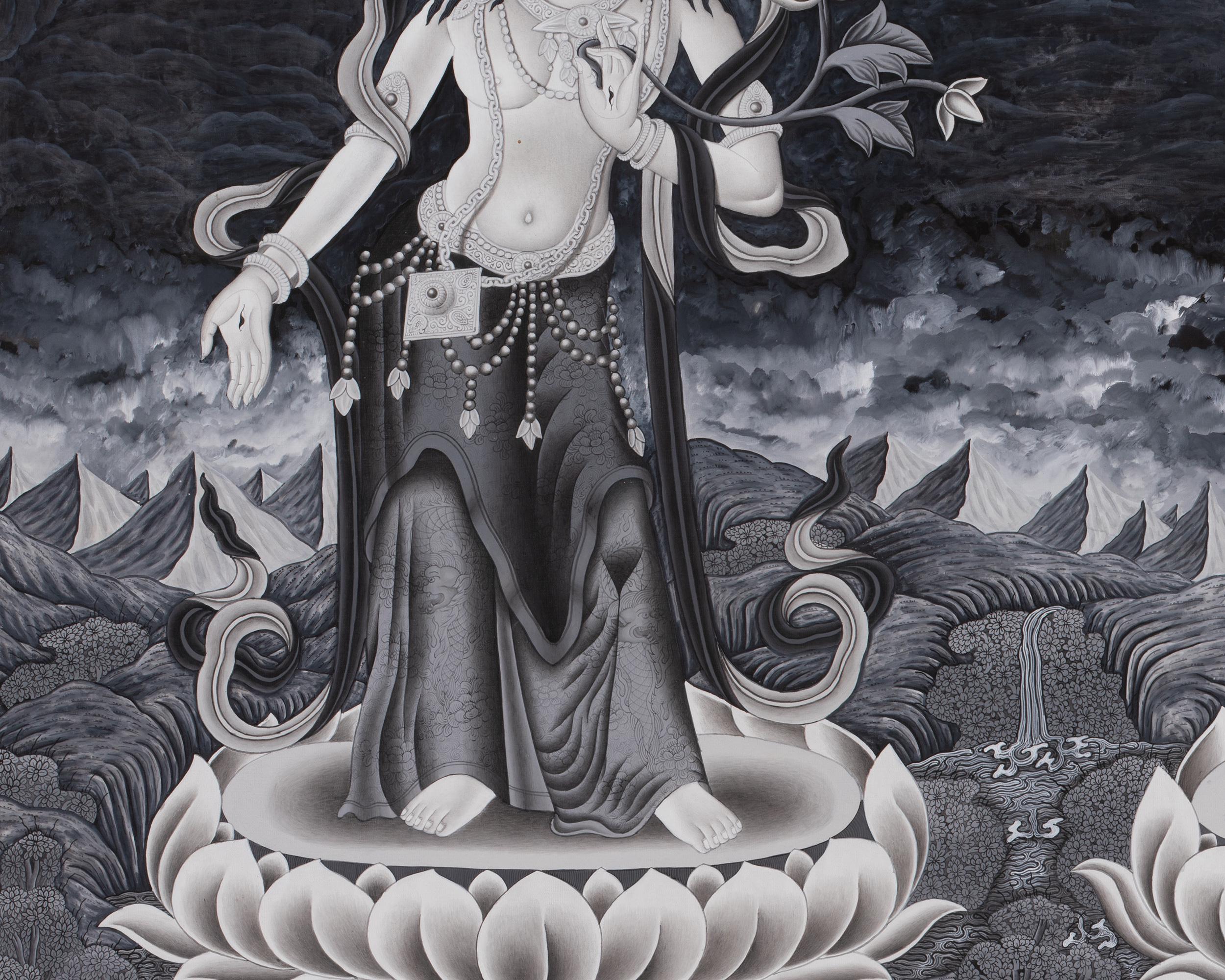 White Tara, Manjushri and Green Tara Standing Thangka | Newari