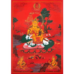 Namtose Thangka with red background | Original Hand Painted Wealth Deity | Buddhist Religious Wall Decor Painting | Tibetan Buddhism Art