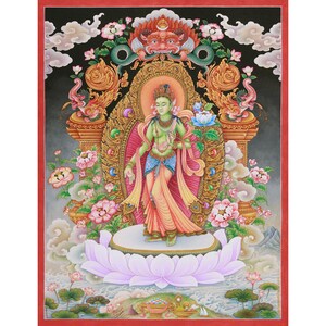 Green Tara Thangka Painting: Tibetan Goddess Art, 24K Gold, Cotton Canvas