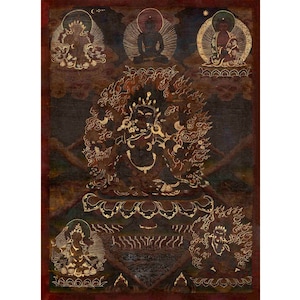 6 Armed Mahakala | Vintage Tibetan Thangka Painting | Buddhist Wrathful Deity Painting | Wealth and Protection Giving Mahakala | Wall Decor