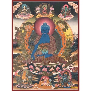 Medizin Buddha Flankiert von Bodhisattvas, Mahakala Und Manjushree | Original Handbemaltes Tibetisches Thangka | Wanddekoration Gemälde | Heilung