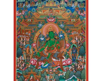 May include: A traditional Tibetan Buddhist thangka painting depicting a green deity, surrounded by smaller figures and intricate details. The deity is seated on a lotus throne, with a halo and a serene expression. The painting is filled with vibrant colors and intricate patterns, showcasing the rich artistic tradition of Tibetan Buddhism.