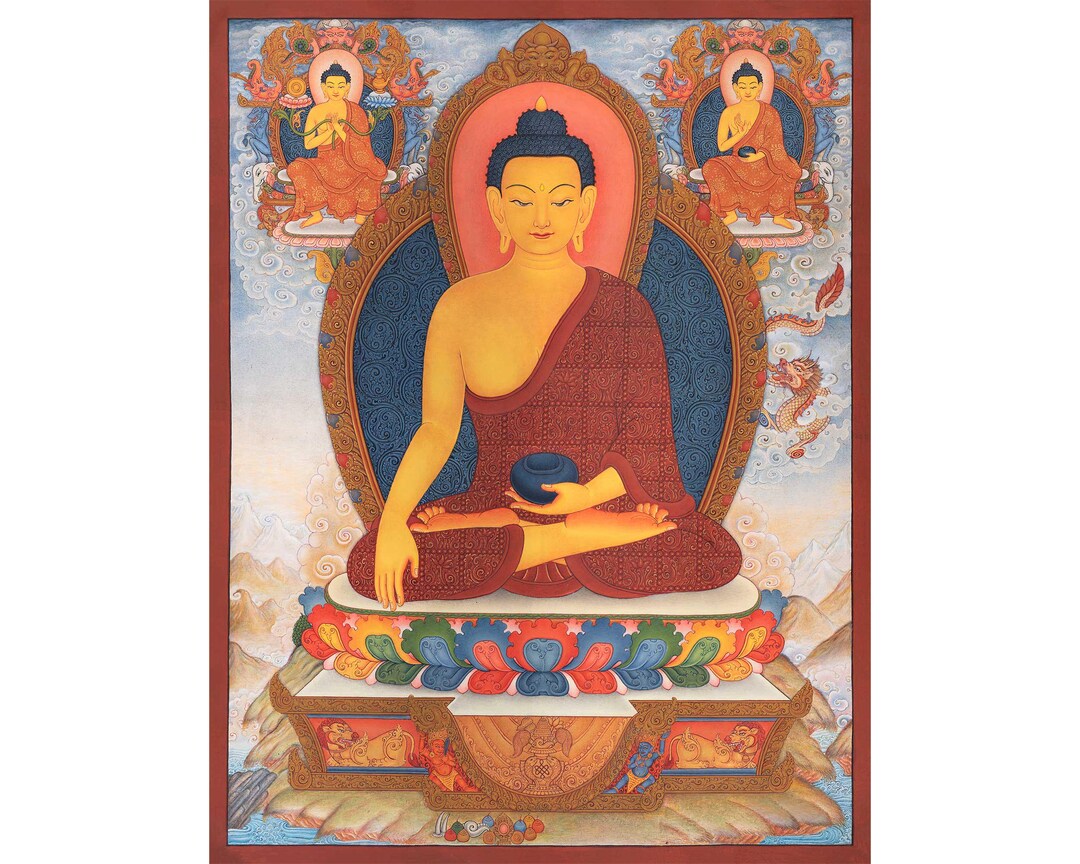Thangka Tibetano Śākyamuni Fatto A Mano – Pittura Ricamata In Seta E Oro Per Meditazione E Altare Buddista