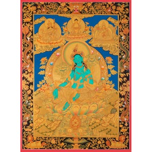 24K Gold Green Tara Tibetan Thangka | Original Hand Painted Thangka Art | Meditation And Yoga | Wall Hanging Decoration | Zen Buddhism