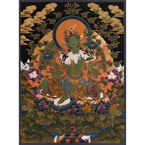 Hand Painted Green Tara Thangka | 24K Gold Tibetan Buddhist Art | Compassionate Mother Goddess | Spiritual Meditation Thangka | Wall Decor