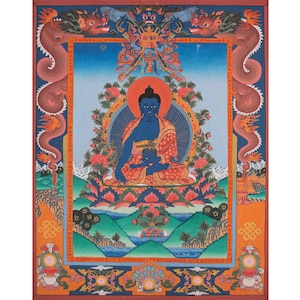 Medicine Buddha Thangka | Bhaisajyaguru Original Hand-Painted Tibetan Healing Art | Art Painting for Meditation and Best For Wall Decoration