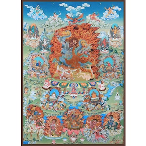 May include: A detailed, colorful painting depicting a spiritual scene with multiple figures, set against a backdrop of blue sky and green landscape. The artwork features intricate details, vibrant colors, and a variety of symbolic elements.