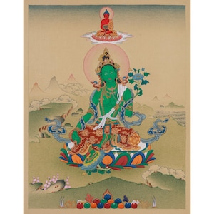 Hand-Painted Green Tara Thangka with Amitabha Buddha: 24K Gold Tibetan Art
