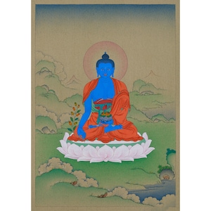 33 cm Medizinbuddha Thangka | Bhaisajyaguru Malerei | Heilender Buddha für Gesundheit, Wohlbefinden und Schutz | Blauer Buddha | Wohndekoration