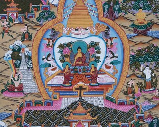 Thangka Tibetano Albero Del Rifugio Di Shakyamuni - Arazzo Buddha Con Stampa Dorata, Decorazione Murale Per Meditazione E Zen, Cornice In Broccato