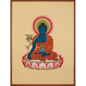 Blue Healing Buddha Thangka | Medicine Buddha | Bhaisajyaguru | Tibetan Healing Art | 24K Gold | Buddhist Thangka for Meditation Practice
