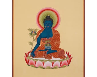 Buda de Cura Azul Thangka | Buda da Medicina | Bhaisajyaguru | Arte de Cura Tibetana | Ouro 24K | Budista Thangka para prática de meditação