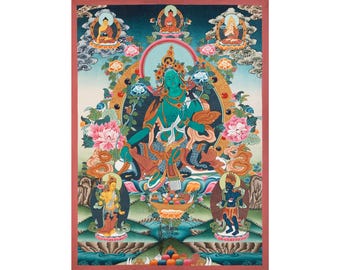 Hand-Painted Green Tara Thangka | Shyama Tara Buddhist Painting | Tibetan Goddess of Compassion & Liberation | Meditation Wall Decor