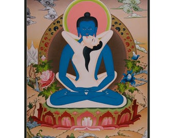 May include: A blue deity with a white consort, both seated in a lotus position. The deity is kissing the consort on the neck. The image is painted in a traditional style with vibrant colors.