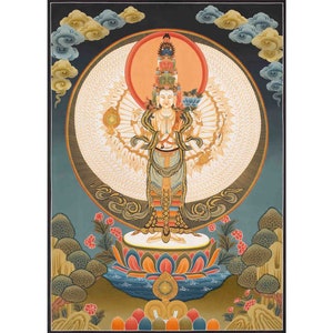 Avalokiteshvara Thangka | 1000 Armed Bodhisattva Guanyin Chenrezig  | Traditional Tibetan Artwork Painted in Nepal | Buddhist Alter Decor