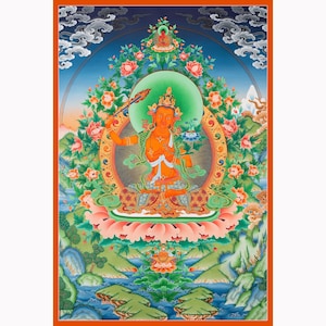 Manjushri Thangka Digital Print | Bodhisattva of Wisdom Art | Sword of Wisdom and Book of Knowledge | Spiritual Print For Room Decoration