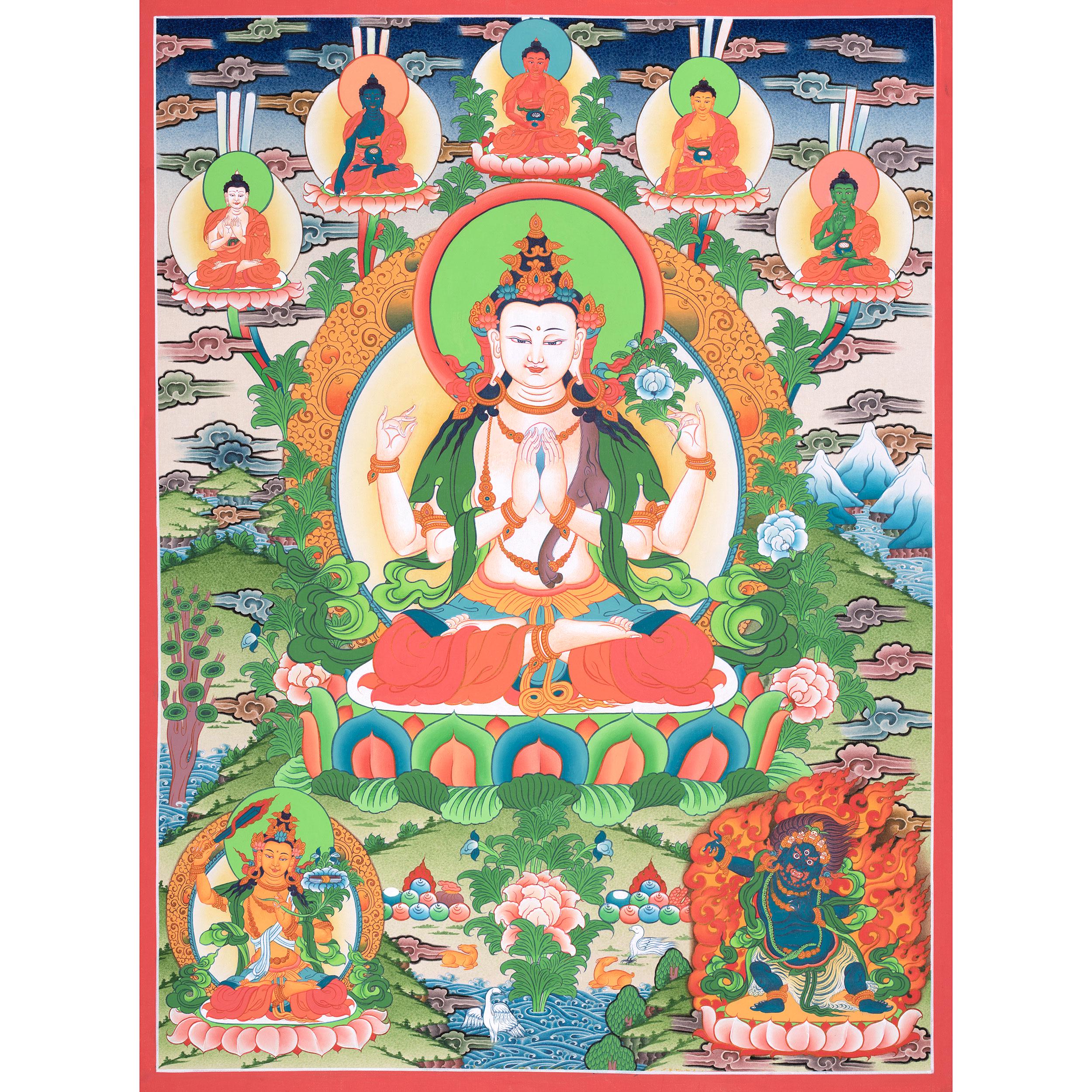 チベット　タンカペイント チベット観音タンカ | チェンレジ仏教美術 | 慈悲、知恵、そして精神的