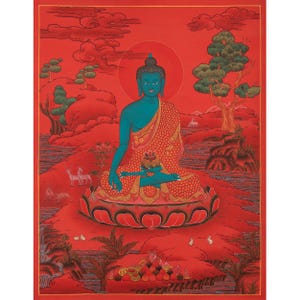 Medicine Buddha Thangka with Red Background | Bhaisajyaguru Original Hand-Painted Tibetan Healing Art | Painting For Meditation & Yoga