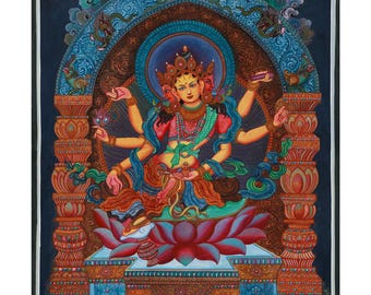 Vasudhara Thangka: Hand-Painted Newari Goddess Art on Cotton | Tibetan Goddess of Wealth and Prosperity | Buddhist Artwork