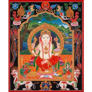 Ganesh Thangka Painting With Kartikeya and Saraswati | Original Hand Painted Ganapati Baba Canvas Art | Ganpati Decoration | Diwali Gifts