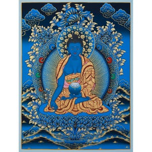Handbemaltes Thangka des Medizin Guru, Bhaisajyaguru | Gesundheit und Langlebigkeit | Tibetischer Medizin Buddha | Acrylfarben und Echtgold 24K