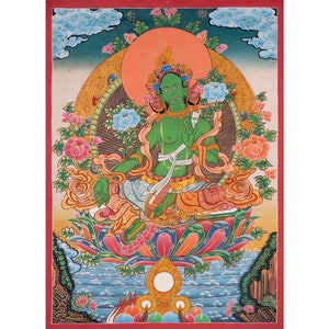 Green Tara Thangka | Original Hand-Painted Healing Female Deity | Healing Tara Painting | Wall Hanging Yoga Meditation Canvas Art