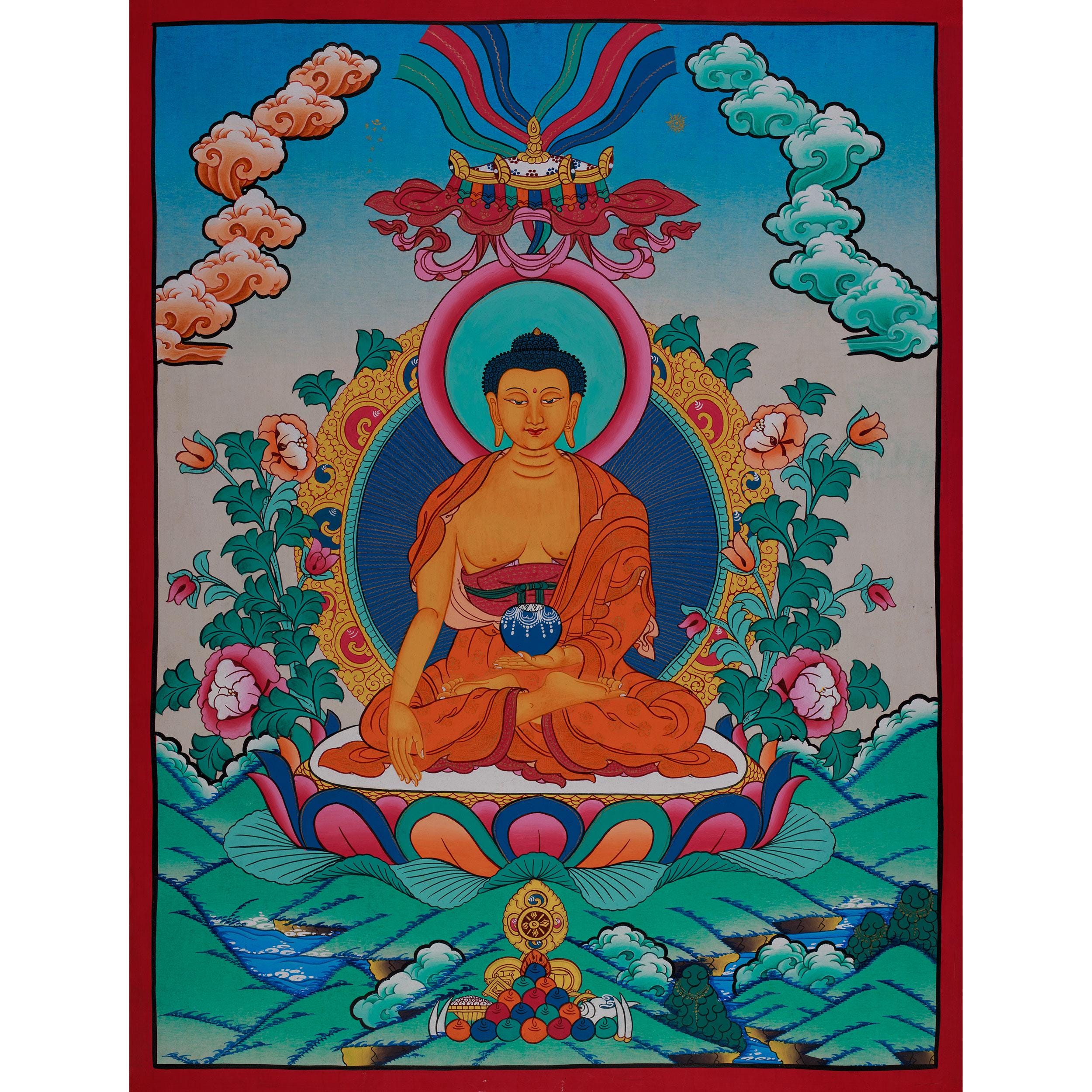 オリジナル釈迦牟尼仏タンカ | 悟りを開いた者 | 手描きのチベット仏教