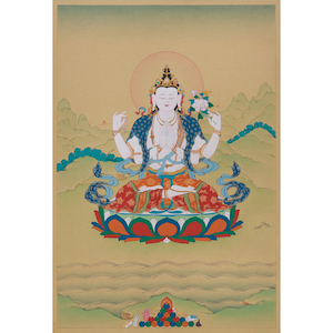 Bodhisattva of Compassion Chenrezig Thangka | Four Armed Avalokiteshvara | Tibetan Karma Gadri Style | Traditional Artwork | Spiritual Deity